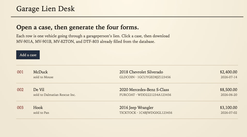 Garage Lien Desk sample docket